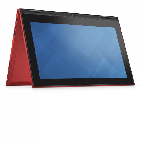 Dell Inspiron 11 3000 Series (Model 3157) Touch 11-inch 2-in-1 notebook computer with Intel BSW Braswell processor in tablet mode with keyboard in "tent" position.