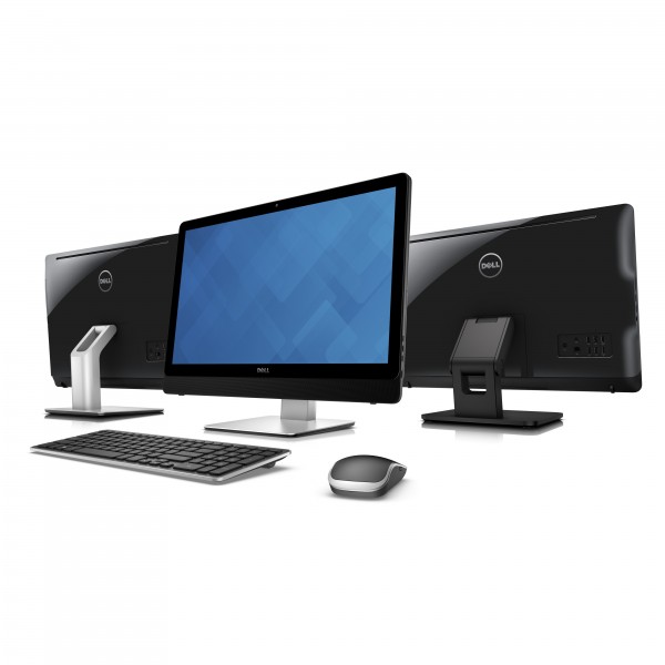 Dell Inspiron 24 5000 Series (Model 5459 Sunflower) All-in-One Touch desktop computer in black. Shot shows one front facing desktop in front of two back facing.