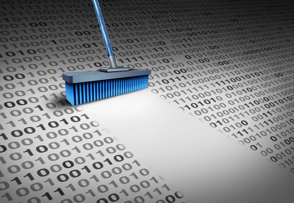 64818638 - deleting data technology concept as a broom wiping clean binary code as a cyber security symbol for erasing computer information or to delete an email and clean a hard drive server with 3d illustration elements.